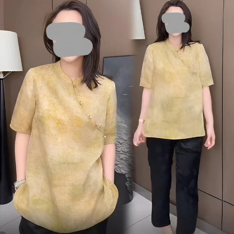 新中式国风纯色短袖胖mm衬衫女2026夏季新款提花盘扣减龄大码上衣