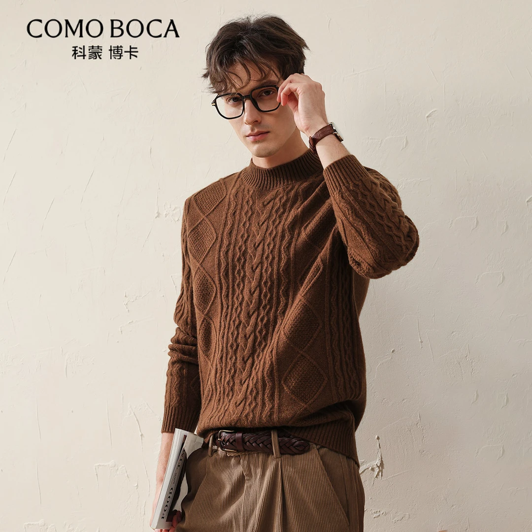 COMOBOCA/科蒙·博卡加厚绵羊毛男半高领秋冬绞花针织毛衣KSS4459