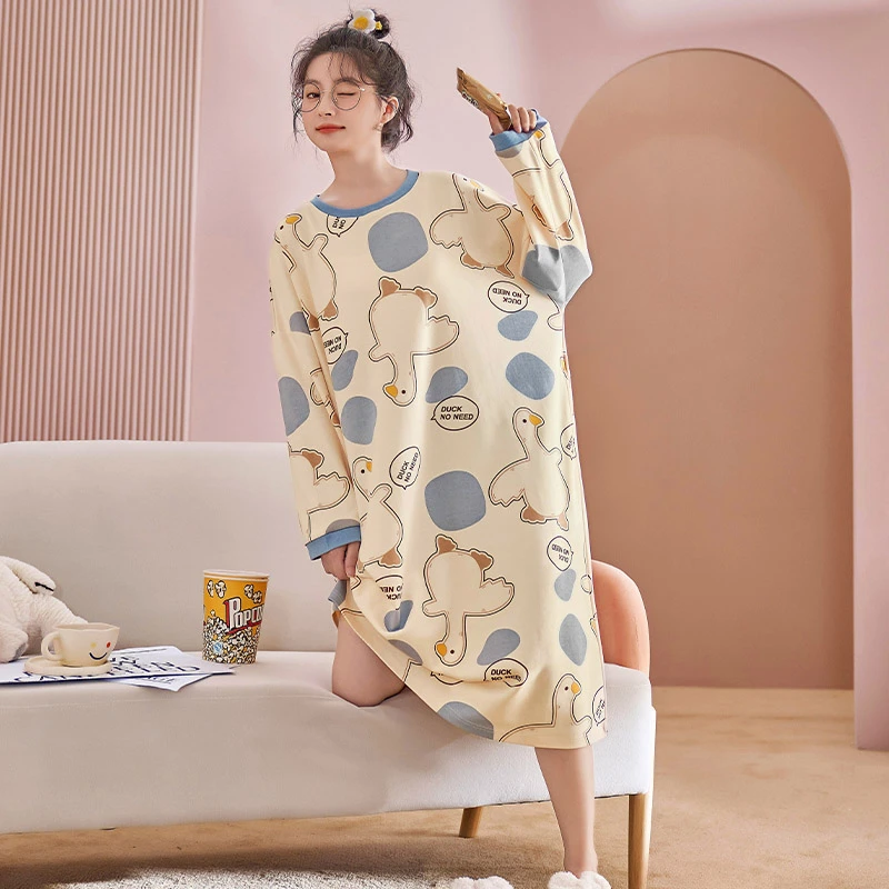新款睡裙女春秋季长袖圆领卡通甜美大码宽松家居服可外穿夏季薄款