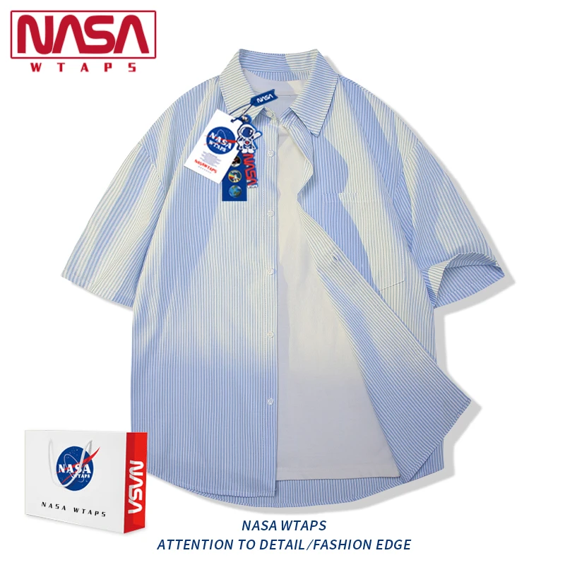 NASA WTAPS冰丝条纹短袖衬衫男款夏季新款宽松休闲百搭五分袖衣服