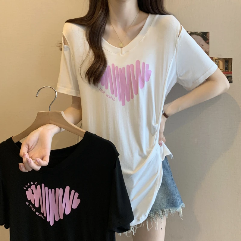 3920大码女装胖妹妹收腰显瘦遮肚减龄不规则设计感印花上衣2997