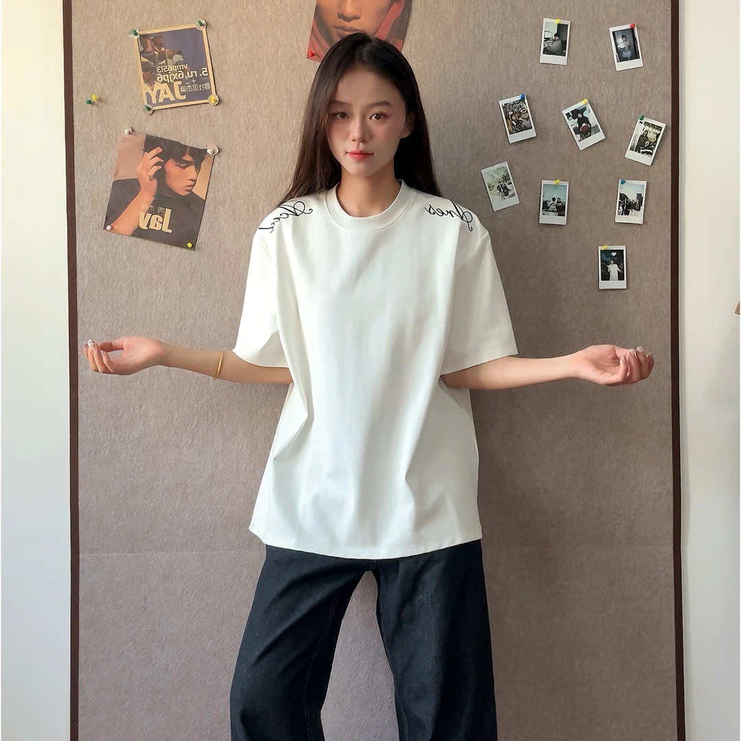 FOYGOB美式街头花体字母刺绣短袖男女情侣宽松重磅cleanfit上衣