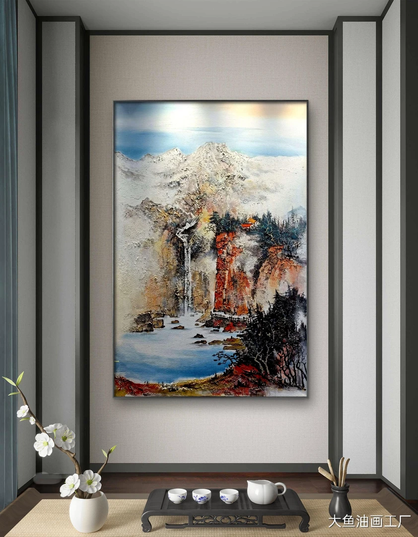 国风山水新中式流水风景油画沙发背景墙挂画玄关玄关装饰画装饰画