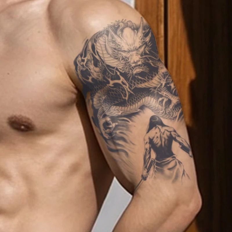 屠龙勇士草本纹身贴纸防水持久半永久不反光霸气手臂花臂可洗逼真