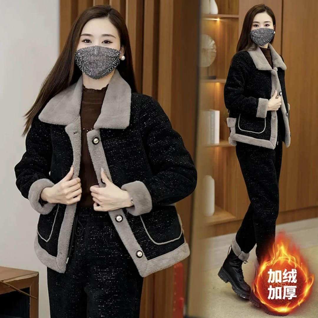 新款时尚套装2025冬季外套加绒休闲显瘦加厚气质中年两件套女宽松