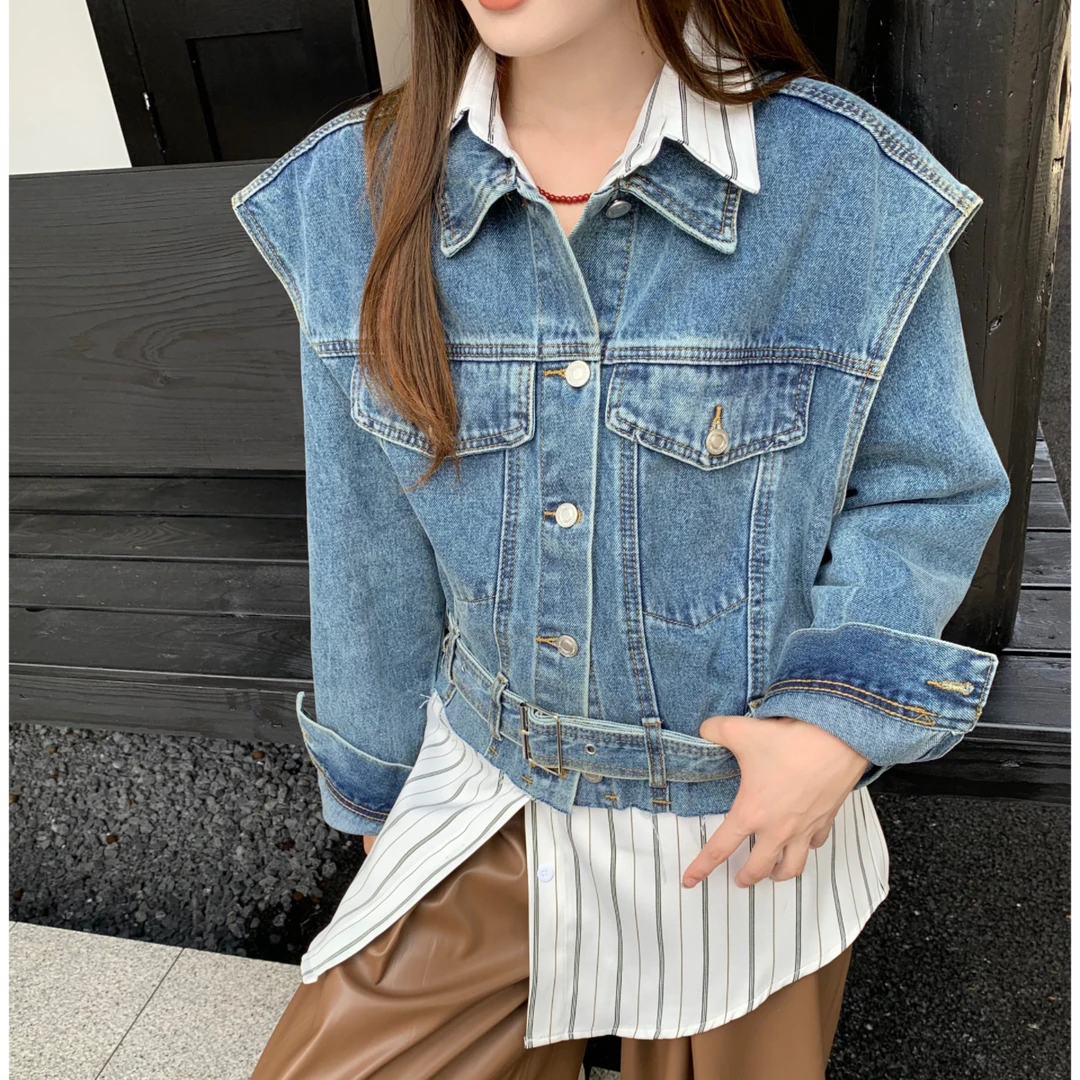 复古翻领工装夹克上衣收腰牛仔外套拼牛仔袖条纹衬衫设计感两件套