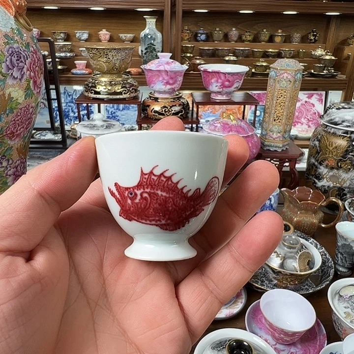 原矿釉里红鱼主人杯