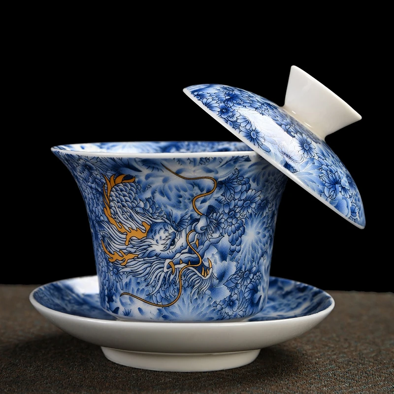 青花三才盖碗可悬停旋转茶杯青龙白瓷单个高档泡茶碗陶瓷功夫茶具