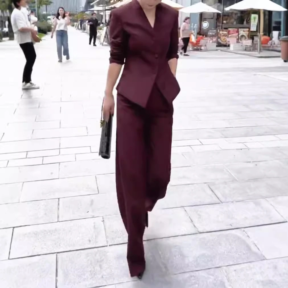 中年女装2025新款V领修身西服外套高腰长裤干练套装职业女30-50岁