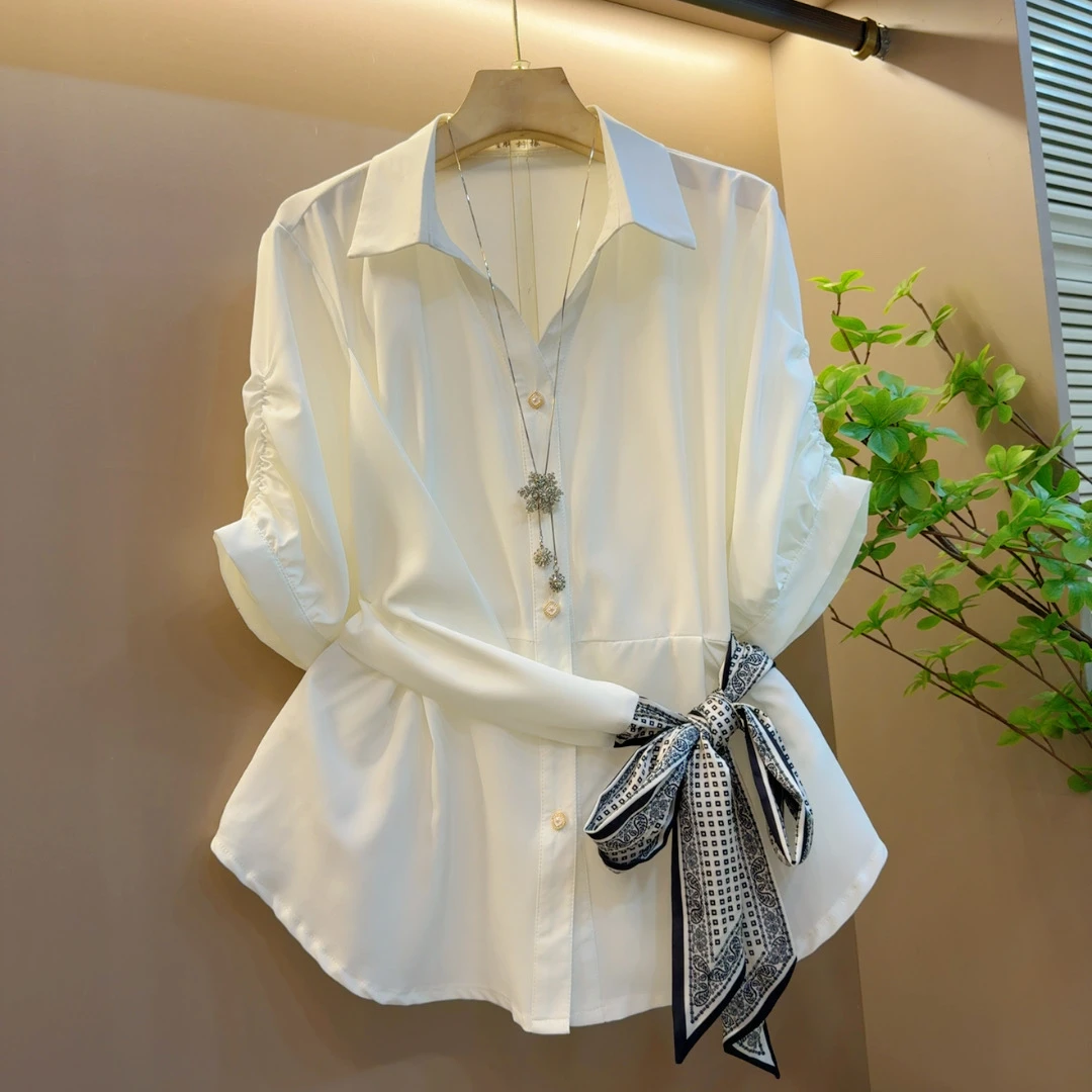 气质新款显瘦翻领夏季百搭蝴蝶结系带设计宽松上衣（长60左右）