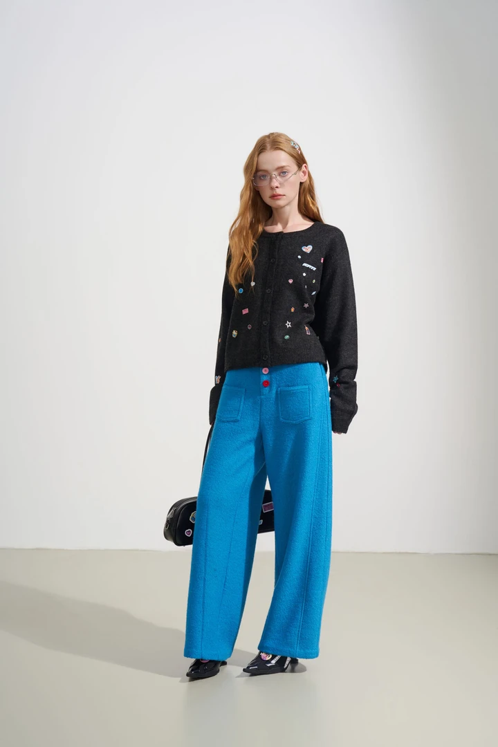 SOFITTE 25AW蓝色彩色纽扣毛呢保暖阔腿裤