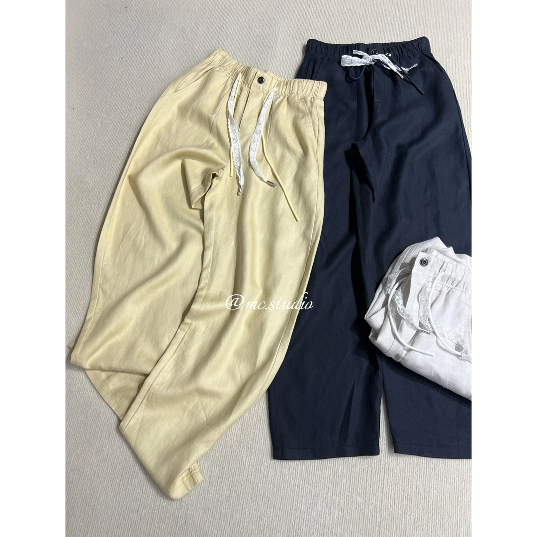 【蕾丝腰带麻料裤】欧洲站夏季文艺风降温弯刀裤显瘦12519
