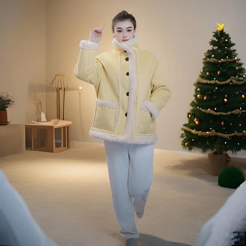 双面双穿简约通勤短外套女装网红毛绒宽松厚款短款女皮毛一体气质