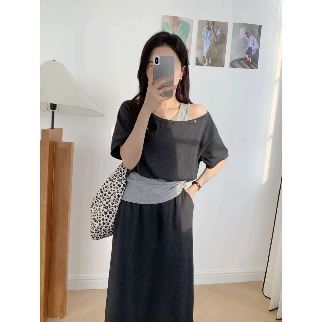 韩版慵懒风休闲假两件拼接设计感上衣+松紧腰半身裙套装6313#0.12