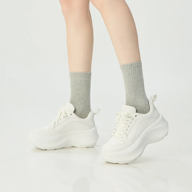 新款女鞋牛皮厚底绑带低帮小白鞋增高百搭鞋AX12297