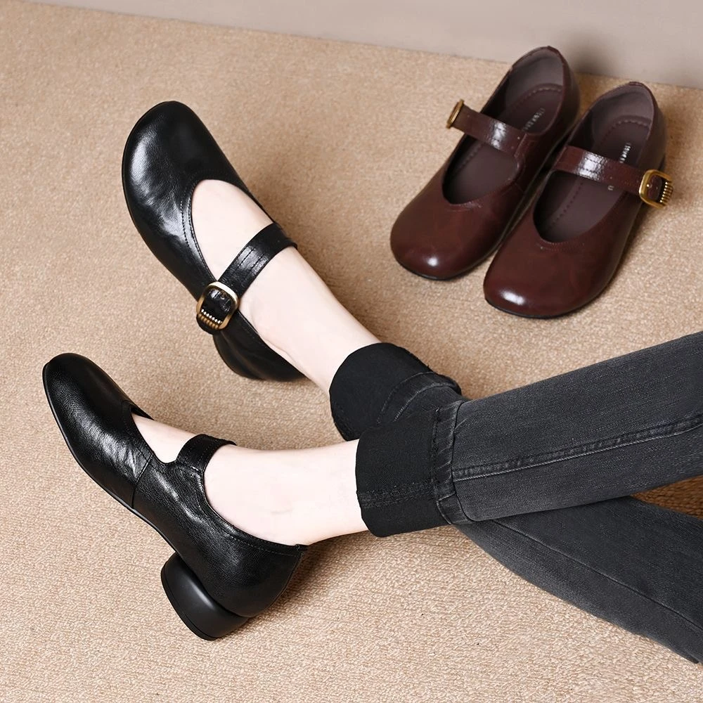 2025春秋新款复古圆头一字扣玛丽珍鞋通勤真皮浅口粗跟女单鞋L8