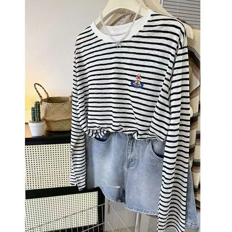 夏季新款刺绣宽松条纹长袖T恤女防晒罩衫慵懒风百搭休闲薄款时尚