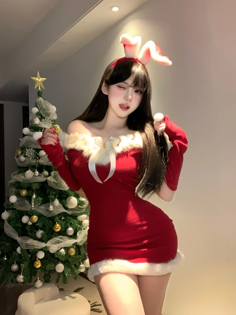 雪夜小兔姬兔女郎学姐气质圣诞氛围收腰款包臀裙短裙连衣裙套装裙