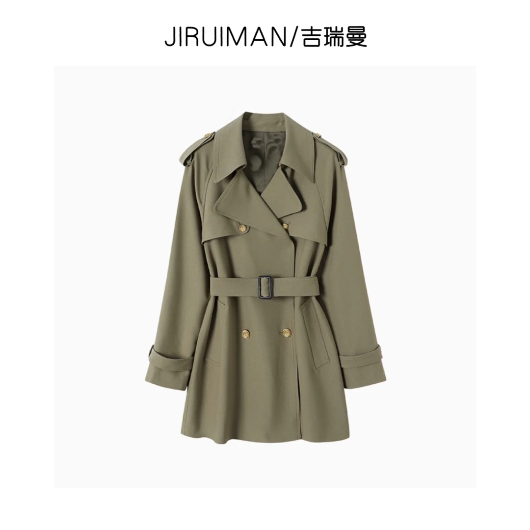 JIRUIMAN/吉瑞曼新款英伦风通勤双排扣配腰带中长款风衣外套YF031
