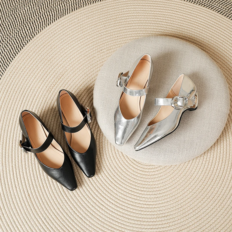 一脚蹬玛丽珍鞋尖头浅口法式单鞋玛丽珍粗跟鞋皮鞋中跟单鞋