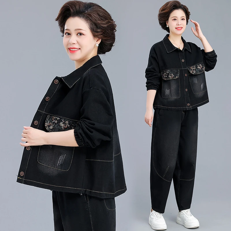 中老年妈妈秋装秋冬新款牛仔套装大码中年女装春秋外套衬衫两件套