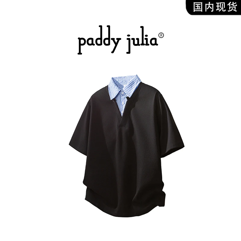 Paddy julia夏季美式假两件短袖衬衫男款撞色翻领短袖t恤痞帅男装