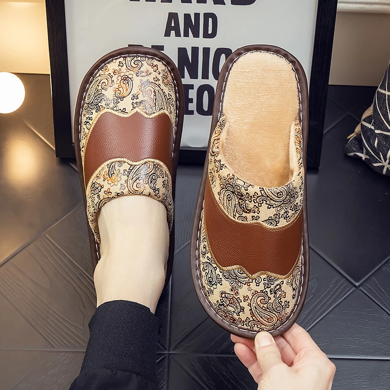 冬季真皮居家拖鞋男女士家用室内地板防滑厚底保暖情侣牛皮棉拖鞋