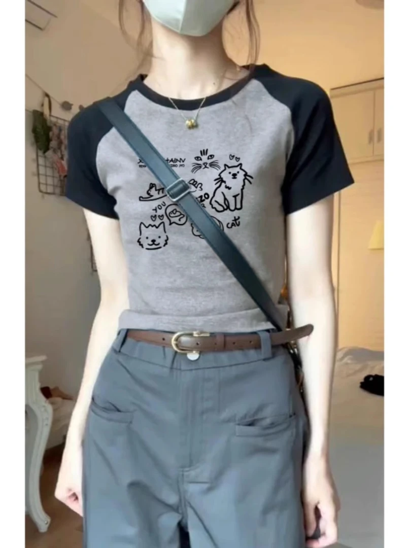 设计感美式甜辣妹小猫印花插肩短袖T恤女夏季ins别致修身纯棉上衣