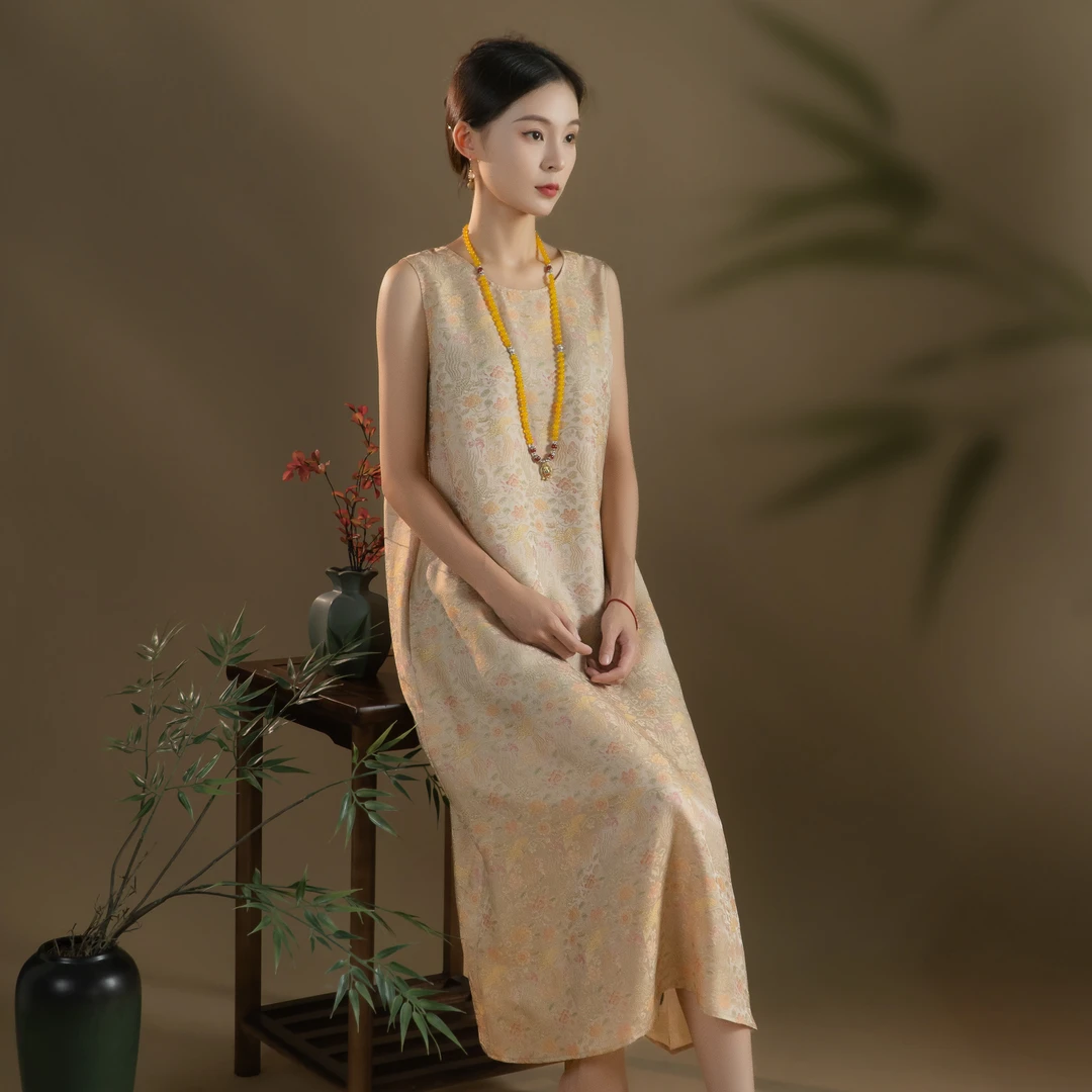 芬领-凤穿牡丹-夏季新品桑蚕丝薯莨对花彩印织金连衣裙LYQ01文艺