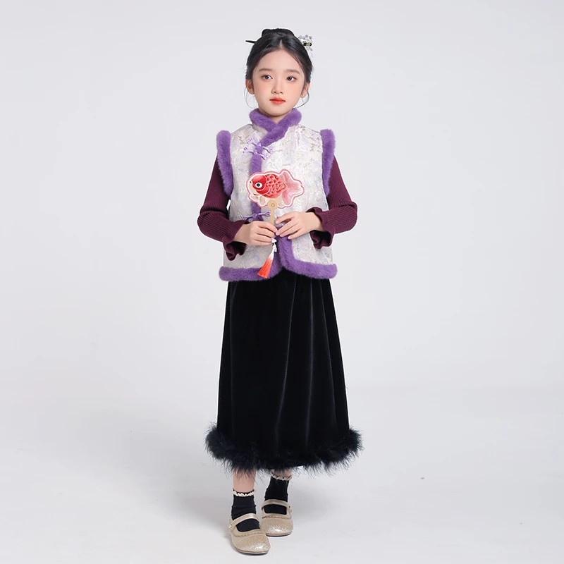 拜年服女童马甲汉服冬装2025新款儿童古风坎肩背心周岁礼服过年装