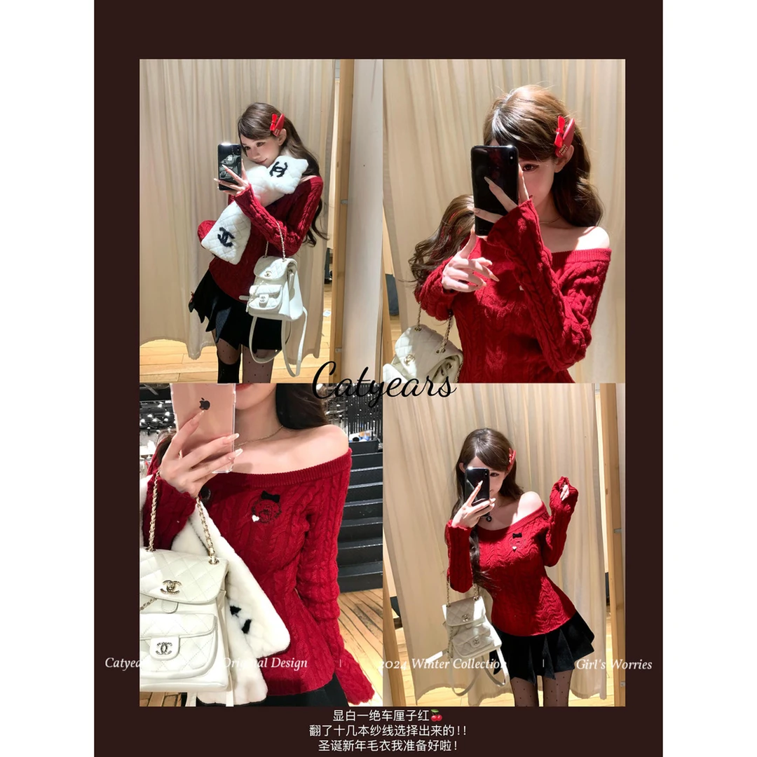 Catyears猫年【雪夜魔法】红色露肩毛衣复古刺绣修身长袖绞花针织衫