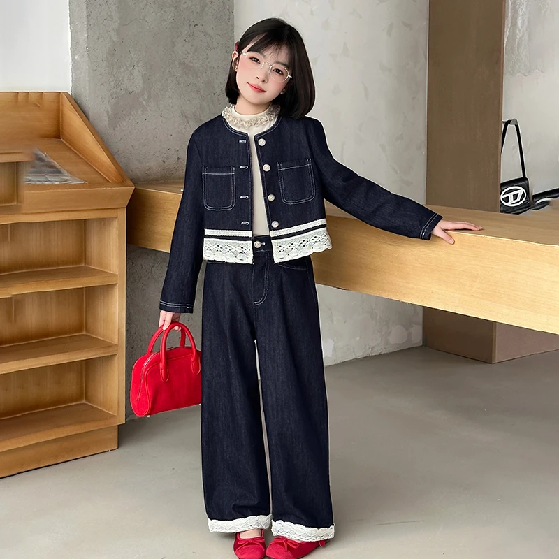 女童牛仔套装2025新款儿童洋气时髦蕾丝花边外套阔腿裤两件套春秋