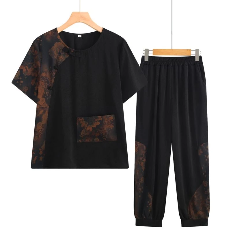 8928-女装妈妈夏季短袖套装宽松奶奶洋气减龄T恤两件套[[A15-1-2]