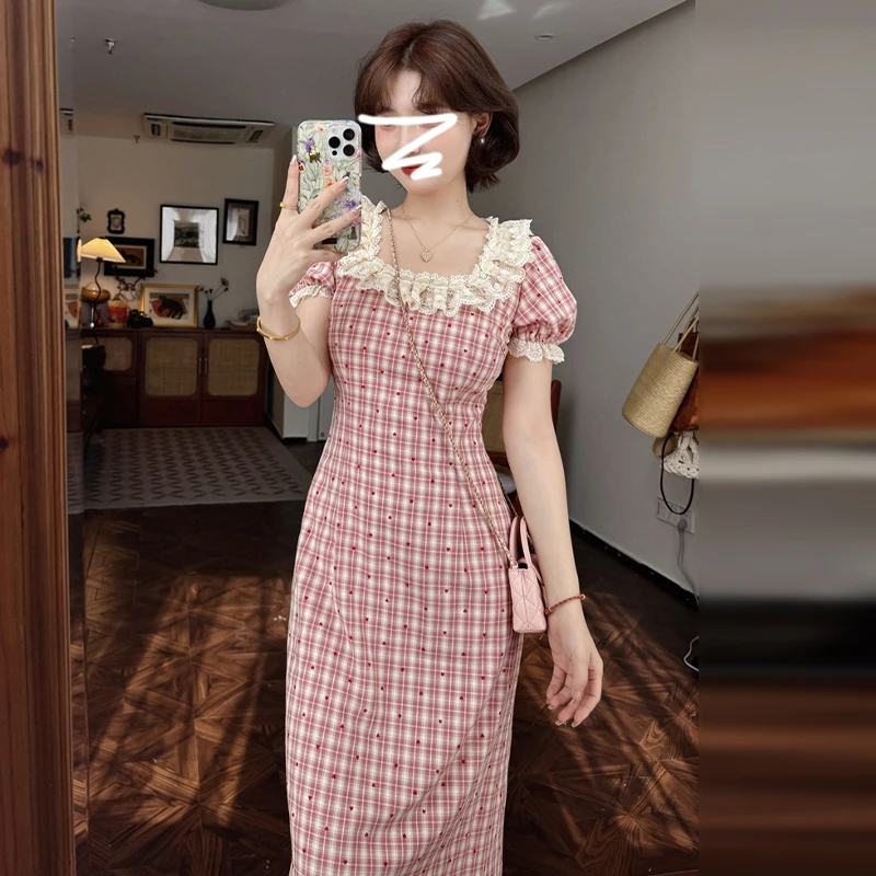 2025法式复古红色格子连衣裙女夏季气质小个子收腰显瘦a字裙3408