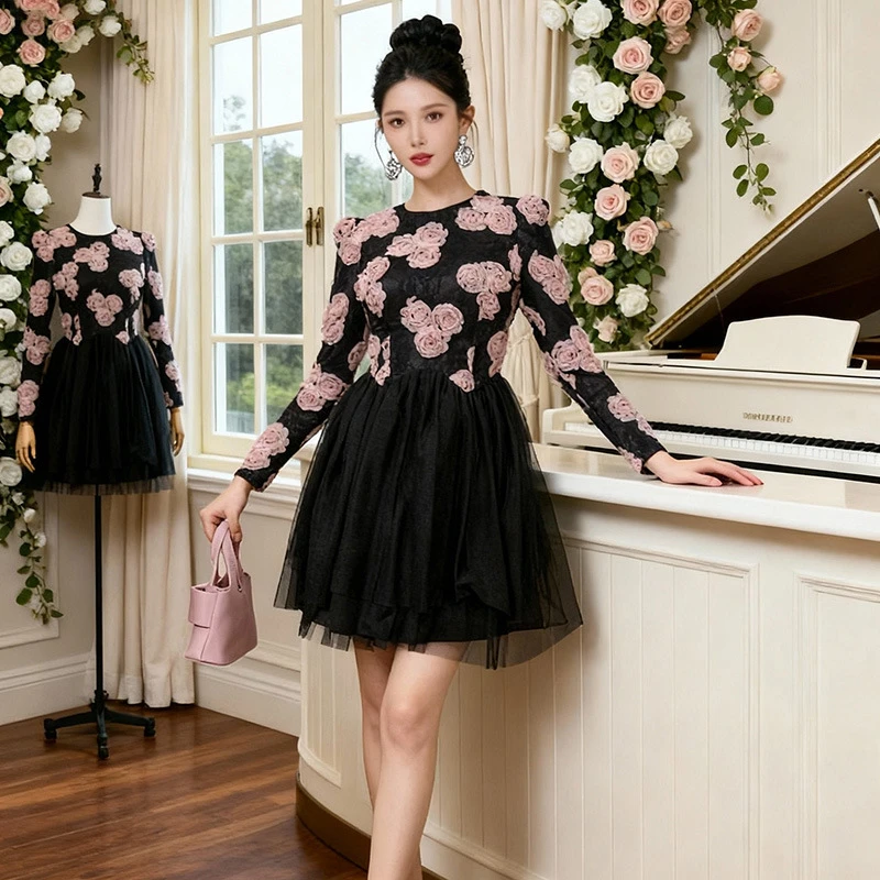 欧洲站气质感连衣裙女秋冬季假两件立体花朵收腰重要场合漂亮裙子