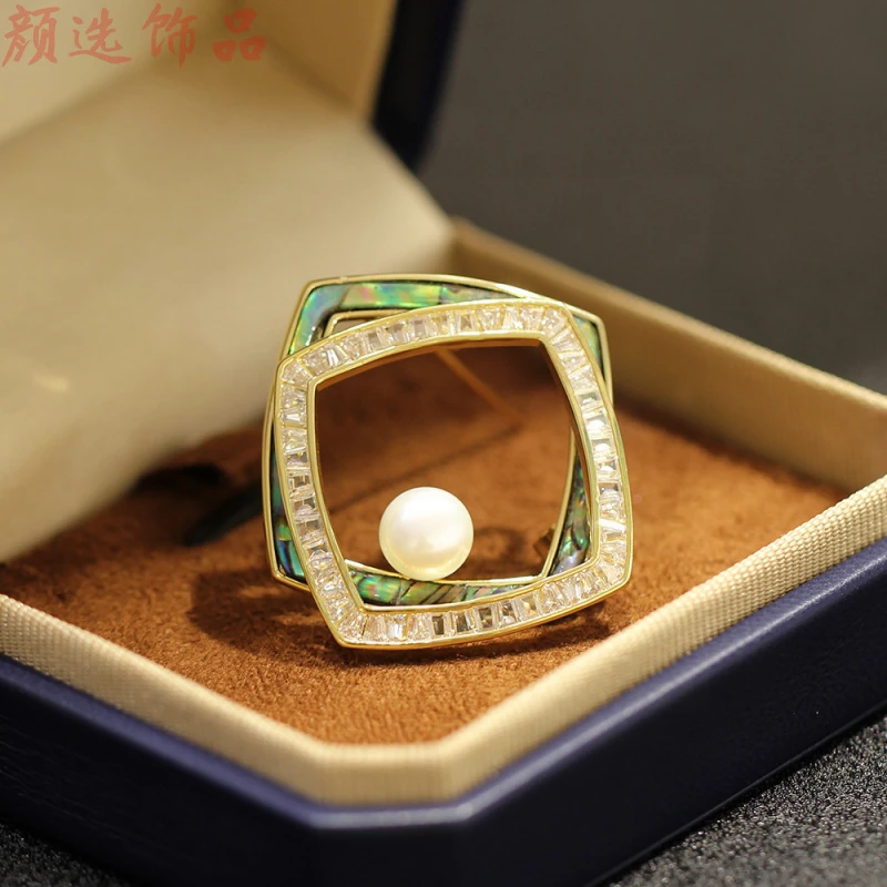 铜胸针 欧美几何菱形珍珠贝壳胸针女时尚气质优雅西装大气防走光