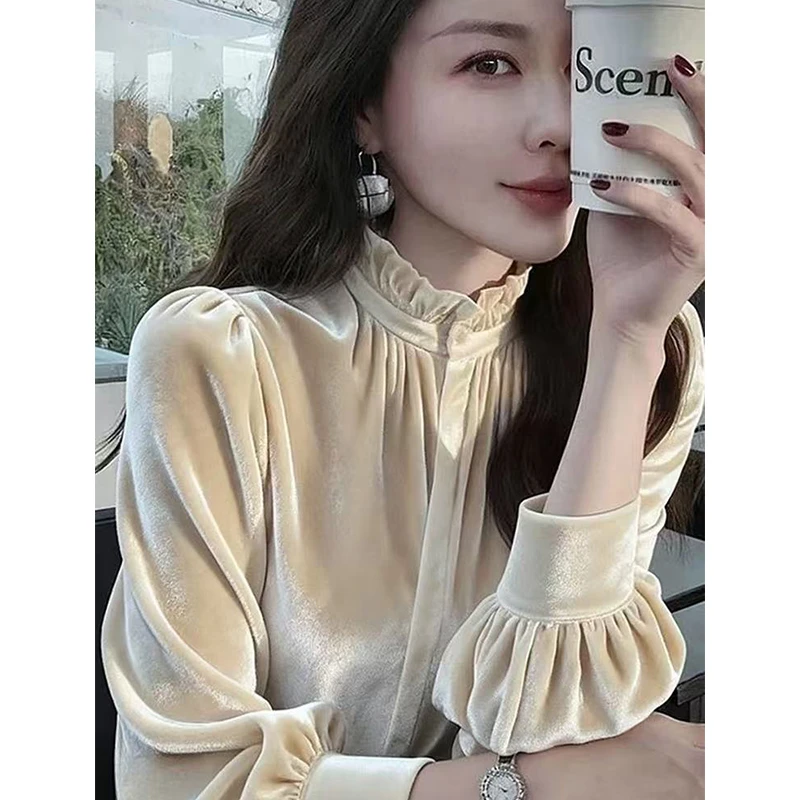 法式立领白色丝绒衬衫女秋冬季新款气质显瘦百搭名媛内搭小资上衣