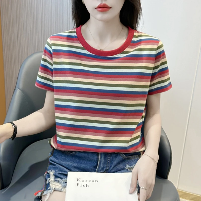 纯棉撞色彩条纹t恤女2025新款夏季大码宽松显瘦设计感正肩上衣潮
