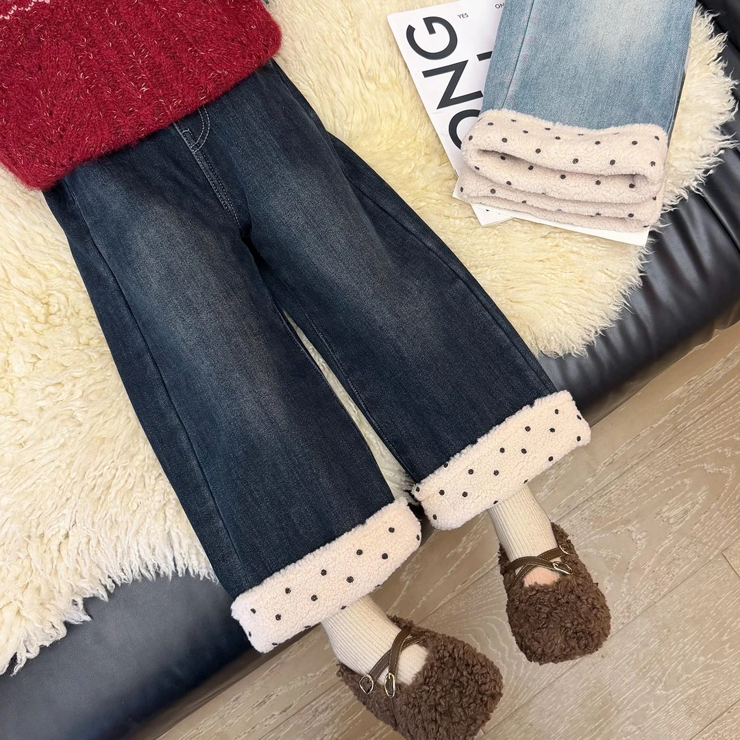 女童加绒牛仔裤加厚一体绒儿童窄版直筒阔腿裤子宝宝冬装2025新款
