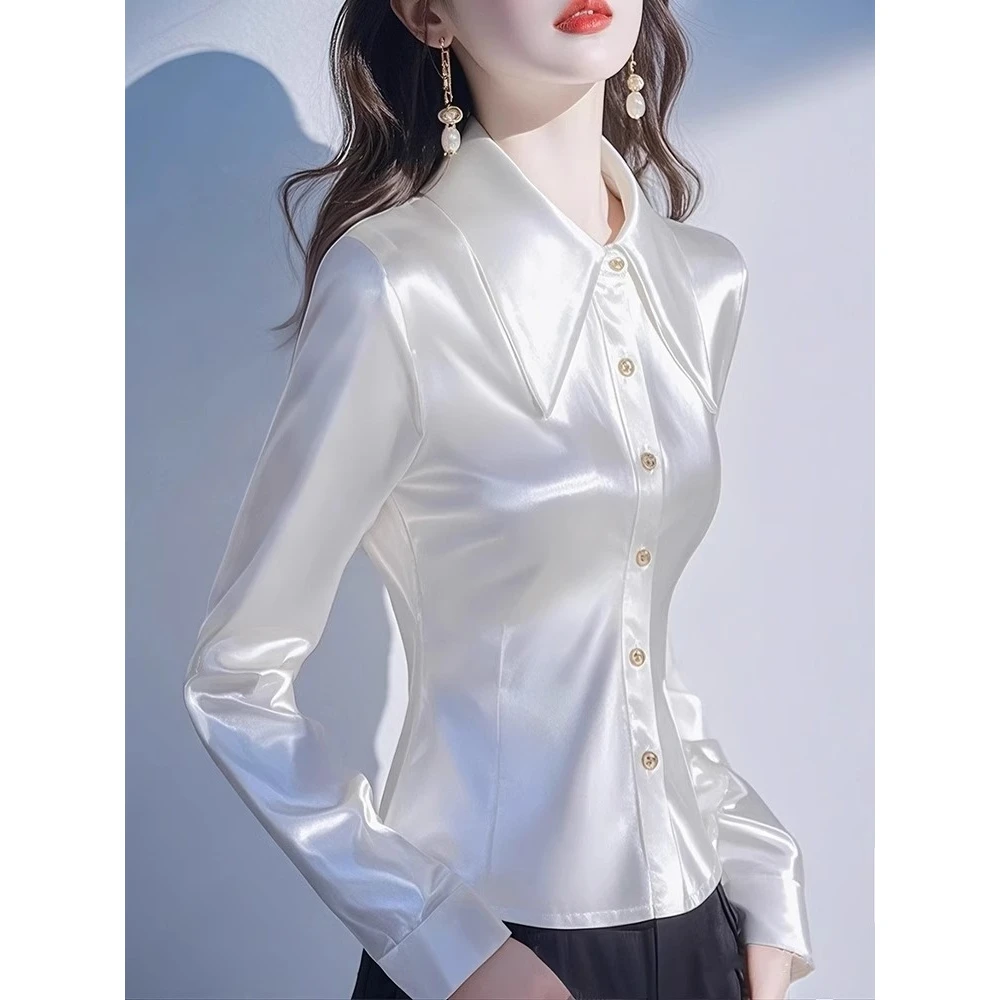 缎面长袖白色衬衫女春秋新款别致收腰上衣时尚气质纯欲衬衣高级感