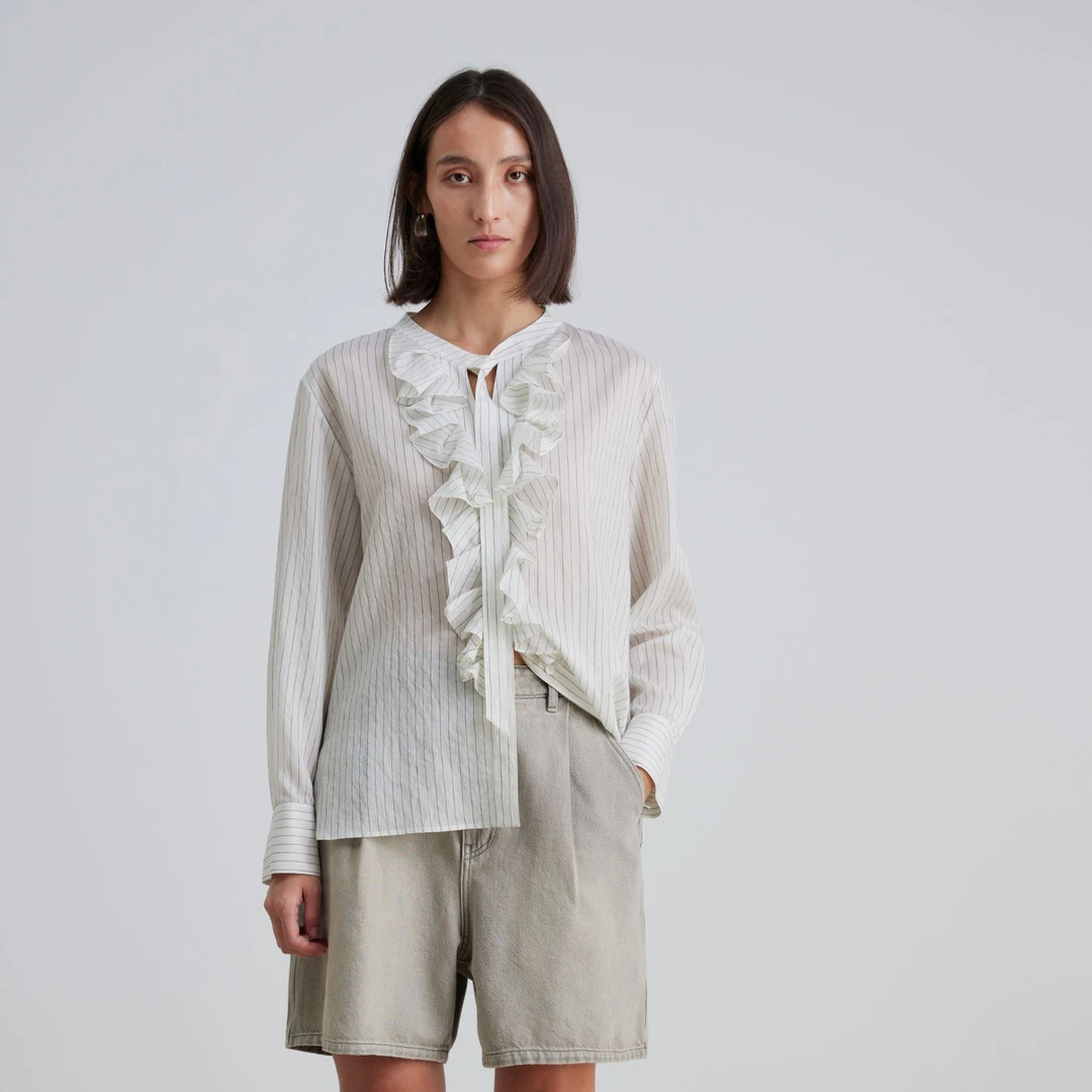 【顾文婷推荐】SHANG1上壹 荷叶门襟条纹衬衫 S25AT50