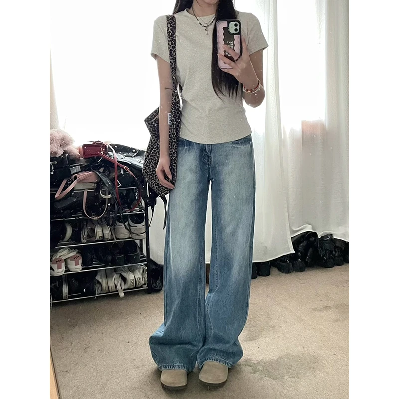 浅蓝色磨白阔腿牛仔裤女春季新款设计感高腰宽松显瘦百搭直筒长裤