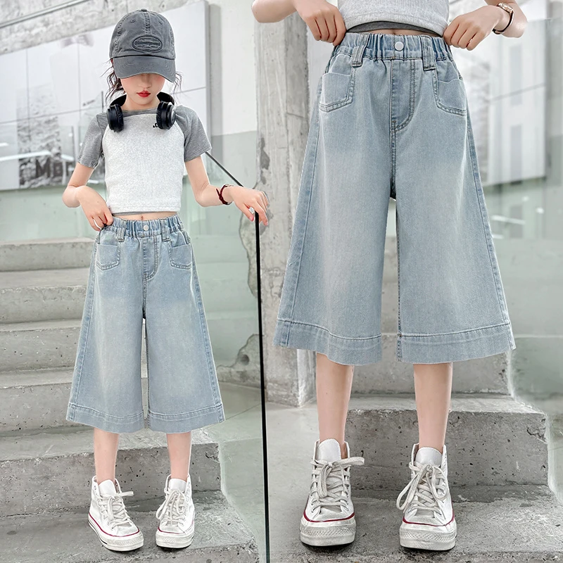 女童牛仔短裤夏季2025新款儿童洋气七分裤中大童宽松阔腿裤外穿薄