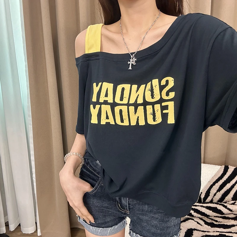 A大码夏季斜肩吊带撞色字母休闲印花短袖T桖时尚宽松显瘦百搭韩版