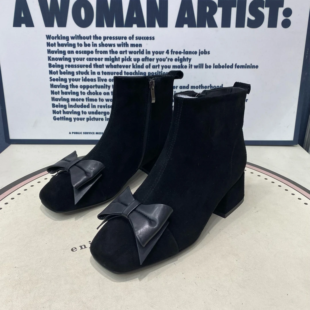 玟-方跟羊京皮蝴蝶结大棉靴女棉靴