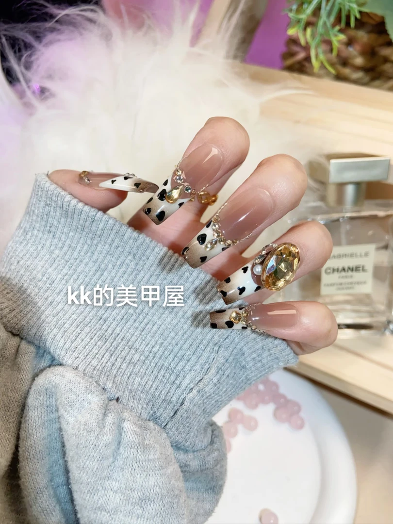 暹罗猫渐变秋冬豹纹法式千金纯手工穿戴甲