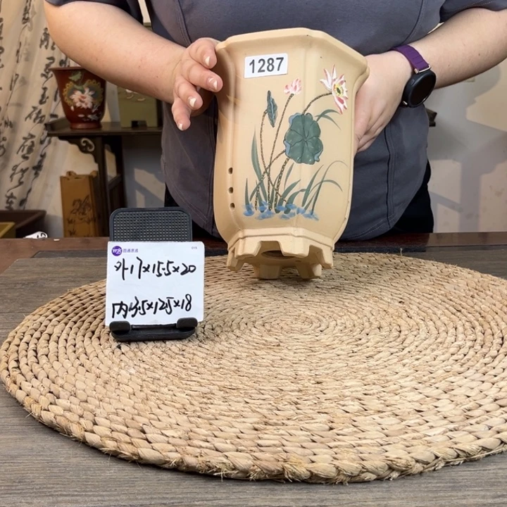 紫砂花盆 白玉段荷花手绘菱花六方1287