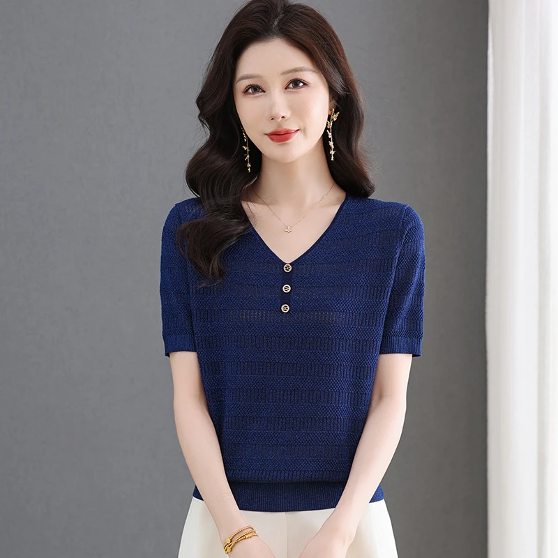 夏季女装V领冰丝针织短袖T恤女2025年新款时尚金银丝薄款透气上衣