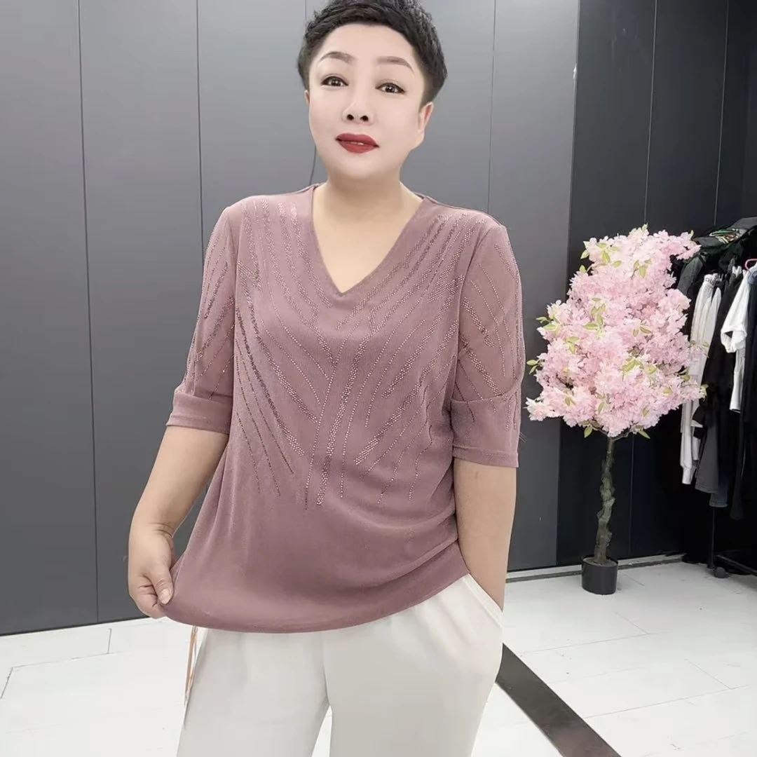 3029*大码时尚V领纱网常规中老年女装针织衫洋气打底衫百搭钻小衫