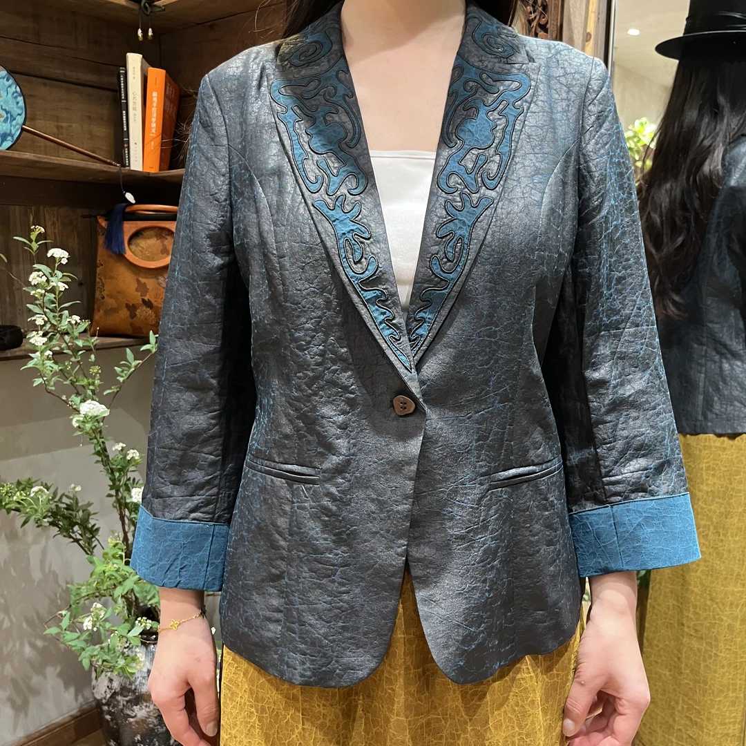 【六米·非遗】老龟纹香云纱撞色镂空重工翻袖西装七分袖一粒扣875